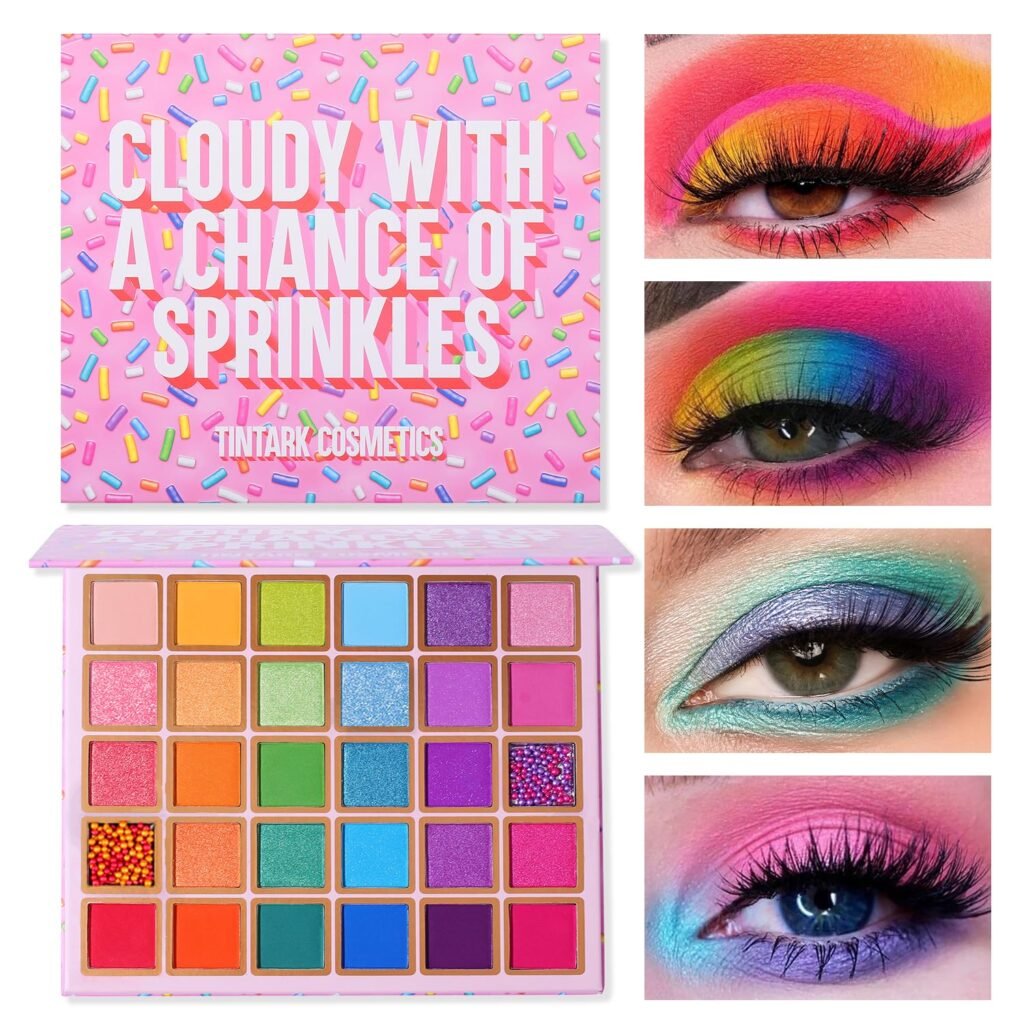 Cloudy With a Chance of Sprinkles eyeshadow palette featuring colorful pastel shades, shimmer finishes, and creative eye makeup looks.