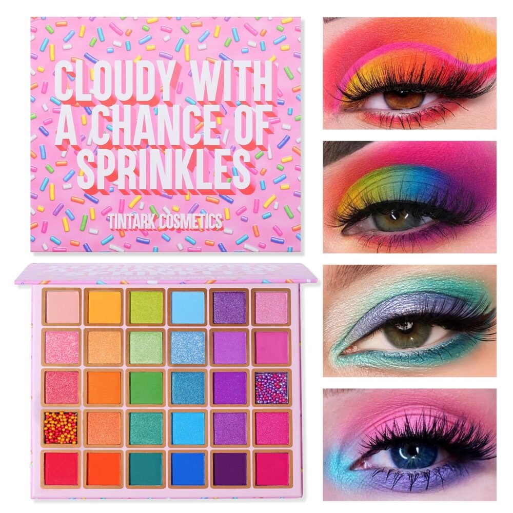 Cloudy With a Chance of Sprinkles eyeshadow palette featuring colorful pastel shades, shimmer finishes, and creative eye makeup looks.
