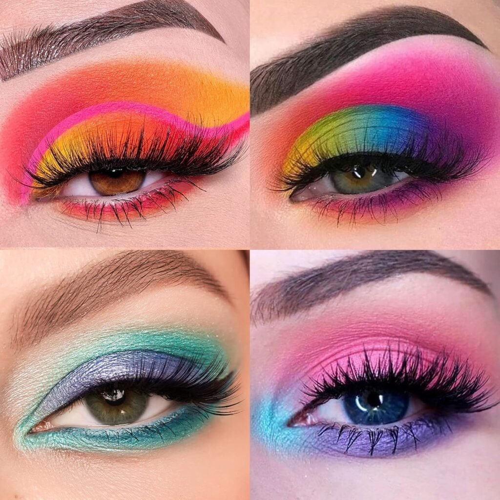 Four colorful eye makeup looks created with the Cloudy With a Chance of Sprinkles palette, featuring vibrant pink, blue, purple, and rainbow eyeshadow combinations.