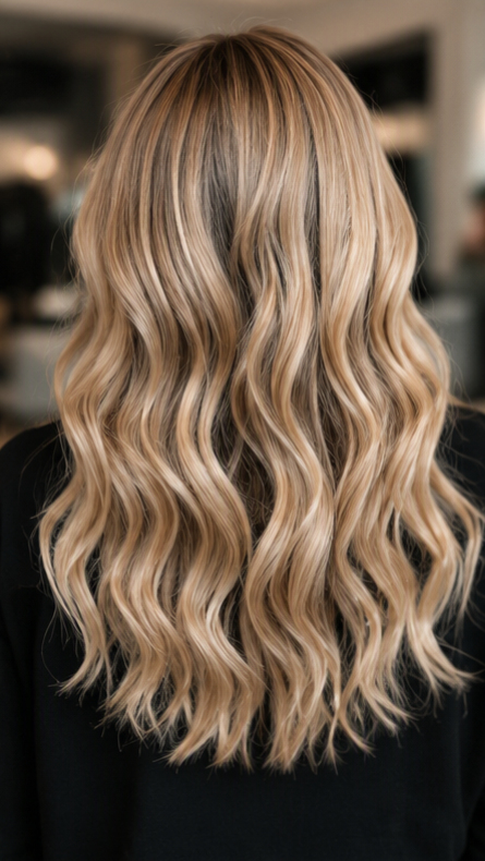 Image of long blonde waves highlighting the different tones.