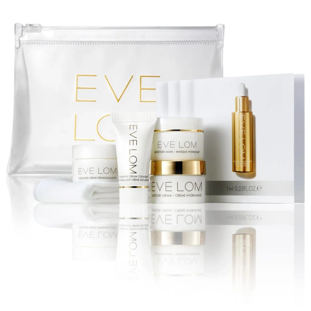 Eve Lom skincare gift set featuring cleanser, moisturizer and treatment oil