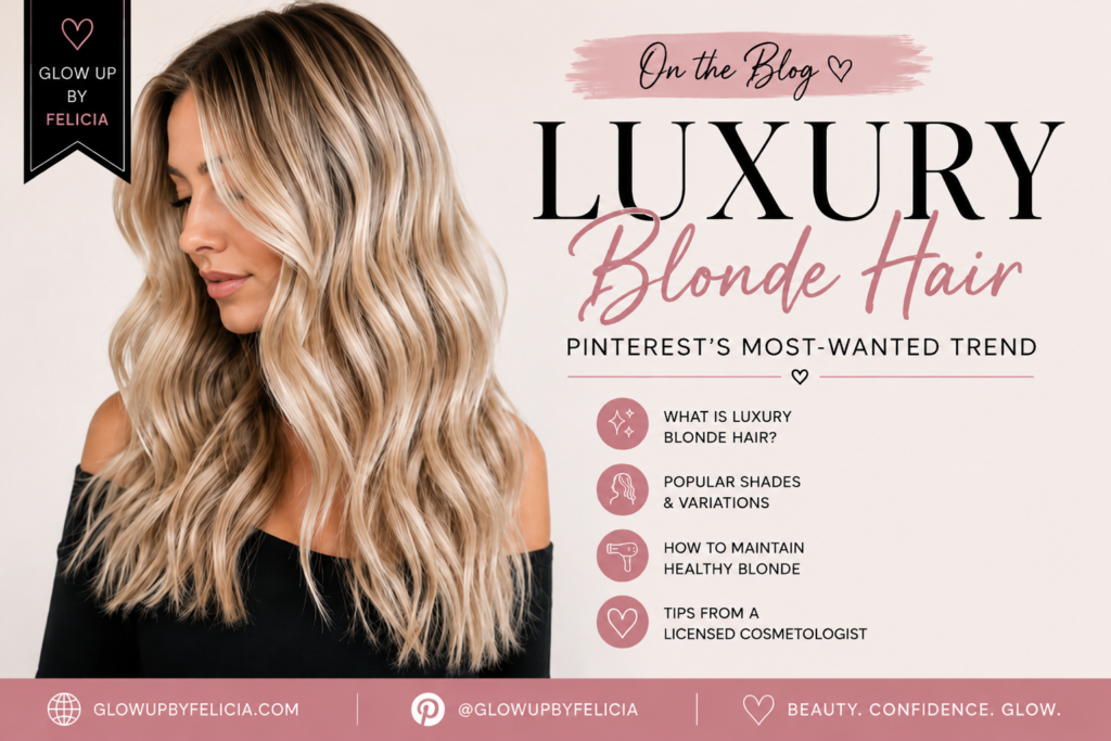 Luxury blonde hair with soft waves and dimensional highlights featured in a beauty blog about Pinterest’s most-wanted blonde hair trend.