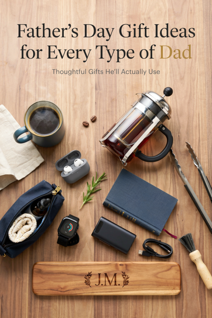 Father's Day gift guide featuring coffee accessories, grilling tools, tech gadgets, travel essentials, and everyday gifts arranged on a wooden tabletop.