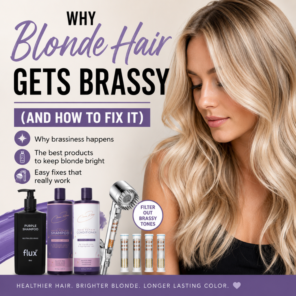 Blonde woman with bright, cool-toned hair illustrating how to fix brassy blonde hair using purple shampoo, hair repair treatments, and a shower filter.