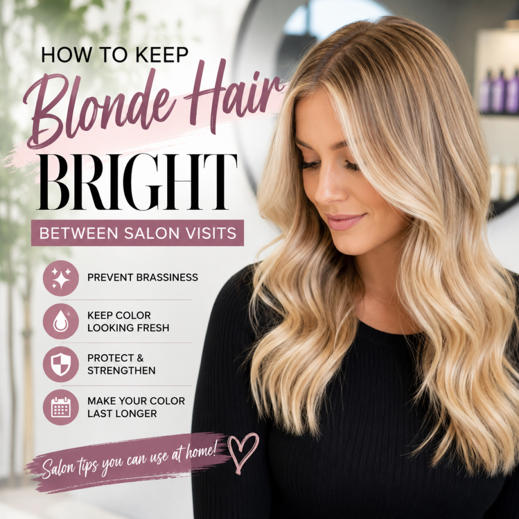 Blonde woman with bright, healthy hair demonstrating how to keep blonde hair vibrant and brass-free between salon visits.