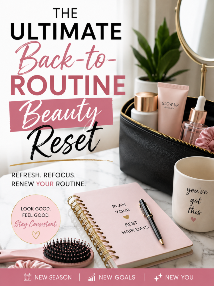 Back-to-routine beauty reset featuring skincare, haircare, a planner, beauty essentials, and self-care products.